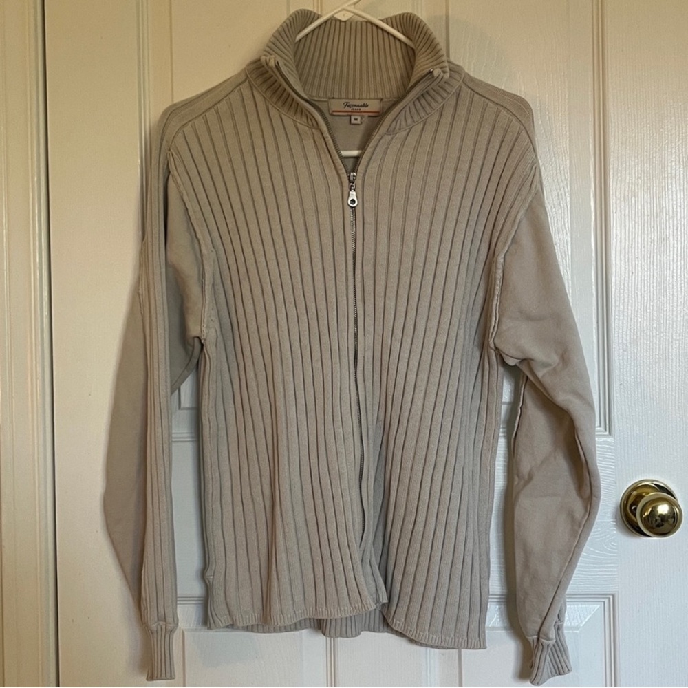Faconnable Zip Up Light Taupe Ribbed Sweater Medium Patch Work